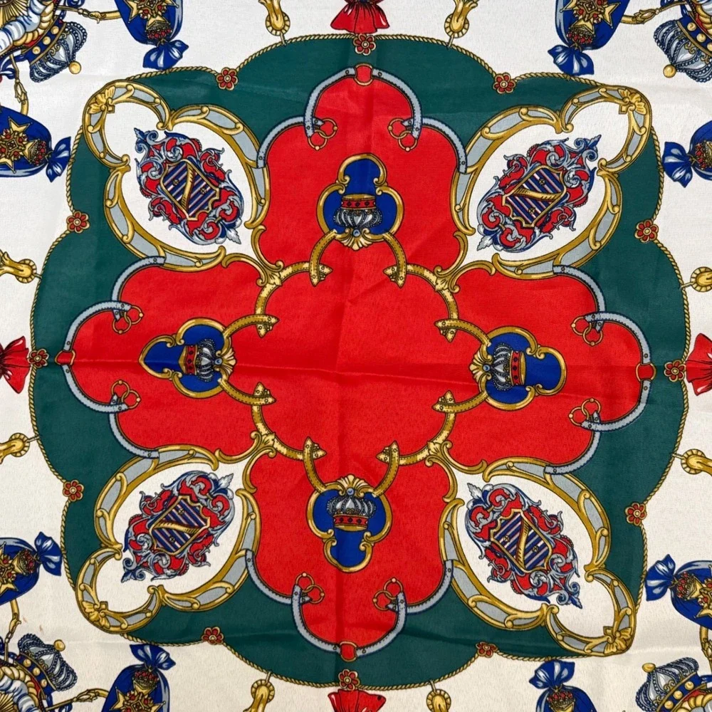 Vintage Baroque Classic Scarf Green Red Gold Heraldic Crest Crown 90s Italy‎